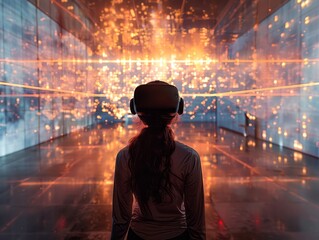 Rear view of a woman using a virtual reality headset, immersed in a dazzling digital environment.
