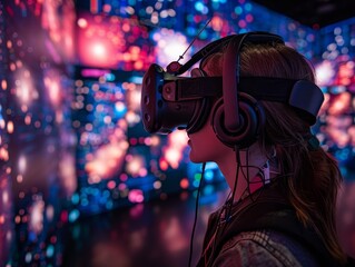 Profile of an individual immersed in virtual reality, wearing a VR headset against a backdrop of vibrant pink and red neon lights.