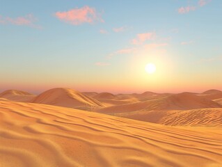 A desert landscape with a sun in the sky. The sun is setting and the sky is a mix of orange and pink. The scene is peaceful and serene