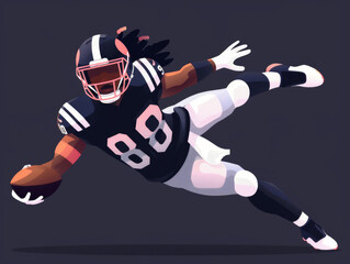 Illustration of an American football player in mid-jump holding a football, displaying dynamic motion.