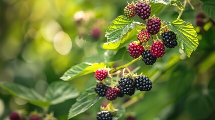 A bunch of ripe blackberry fruits on a branch with green leaves. Beautiful natural background