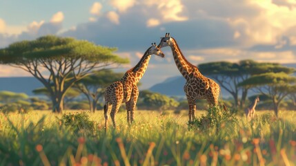 A pair of gentle giraffes grazing on the tender leaves of acacia trees, their long necks stretched high into the canopy as they browse for sustenance in the vast African savanna. - obrazy, fototapety, plakaty