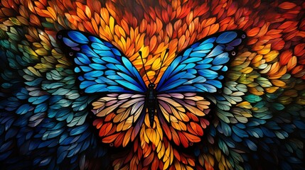 A stained glass butterfly with a blue body and orange wings.