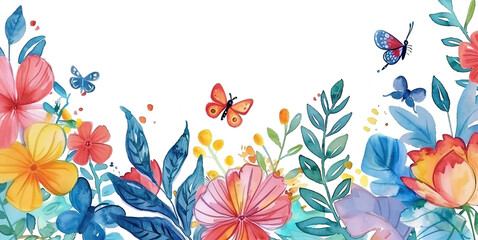 Wildflowers and Butterfly blue Illustration watercolor. Beautiful floral summer seamless pattern with watercolor for kids field wild flowers. Illustration watercolor Botanical invitation template.