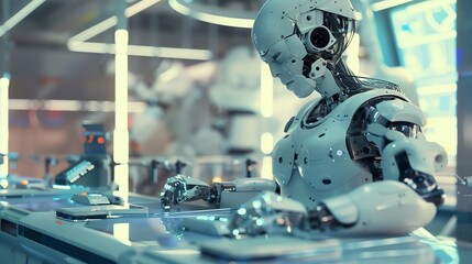 Describe a scene where a robot sits at a workstation in a futuristic factory, diligently assembling products with precision and efficiency