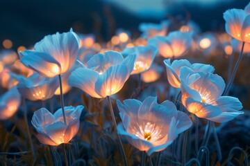 Glowing wildflowers illuminated with soft orange light in an evening setting, creating a serene and magical atmosphere with natural beauty and enchanting charm.