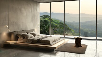 Modern Bedroom With Large Windows Overlooking The Mountains