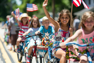 Independence day resurgence. Children on bicycles with flags riding happily in a parade. Generative AI