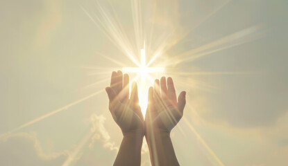 Hands, palm and cross with light or religion hope for Christianity belief, enlightenment or prayer. Person, fingers and God mercy in clouds with sunshine or gratitude praise or Jesus, help or worship - obrazy, fototapety, plakaty