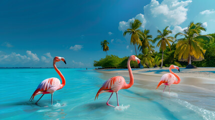 A vibrant beach scene with three flamingos wading in azure waters against a backdrop of lush palm trees and a clear blue sky.