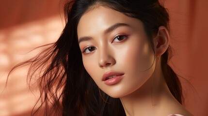 Naklejka premium A photo of a beautiful Asian woman with long dark hair, wearing minimal makeup, and a soft smile.
