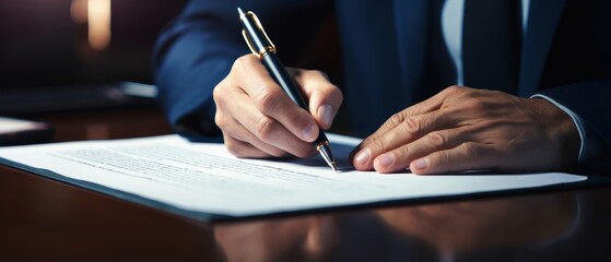 A person signing a document with a fountain pen. - obrazy, fototapety, plakaty