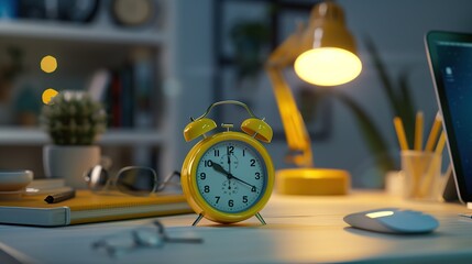 A watch alarm clock, it is yellow, it is ringing, it is on the desk, there is a laptop nearby, light background - obrazy, fototapety, plakaty