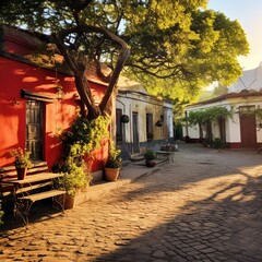 Street in the Spanish colonial neighborhood. Colorful historic city. Old townhouses, colonial architecture 
 - obrazy, fototapety, plakaty