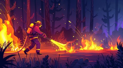 Landing page for wildfire landing page with burning forest and fireman at night. Modern banner of wild nature disaster with cartoon illustration of man extinguishing flame in woods with burning trees