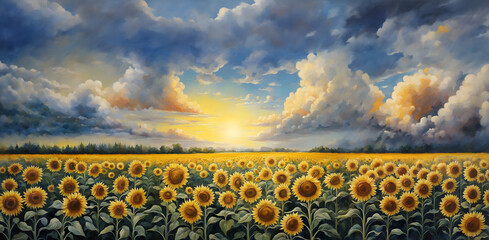Oil painting of a breathtaking rural sunset scene with a sunflowers field. Colorful rural landscape in the golden sunset lights. Summer landscape.