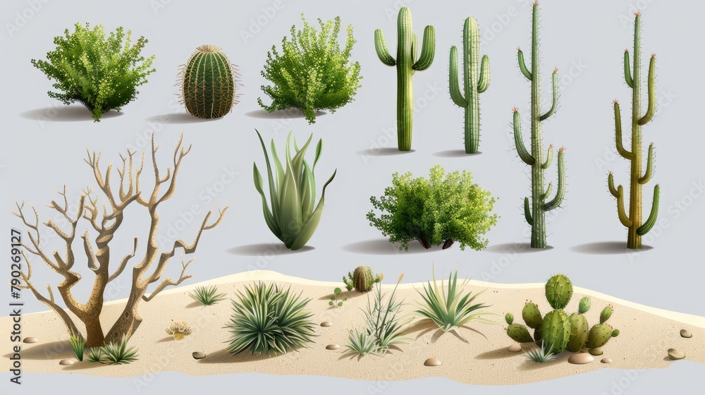 Wall mural The set includes a cactus, brown dust clouds, and tumbleweed, dried weed balls isolated on gray background. Modern realistic set of flow sand, plants from the desert, rolling dry bushes, old tumble