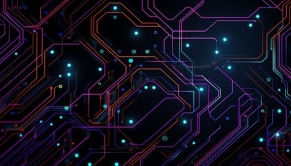 Computer circuit board pattern for wallpaperfeaturing intricate lines and nodes in metallic and neon colors on a dark background.