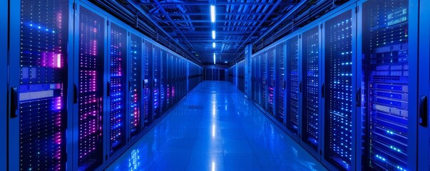 A modern data center corridor lined with high-capacity server racks illuminated by multicolored LED lights.
