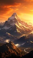A beautiful landscape of a mountain range at sunset. The sky is a deep orange and the mountains are covered in snow. There is a river running through the valley and a forest of trees on the side of th