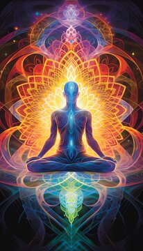 Wall mural featuring a meditative figure with colorfulradiant chakra pointsdesigned to inspire peace and spiritual balance.