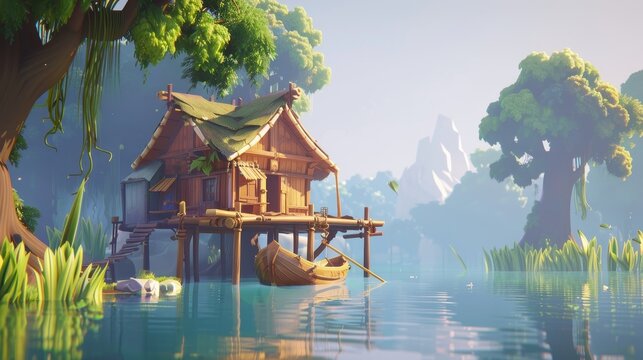 In a swampy forest, a stilt house is accompanied by a wooden boat.