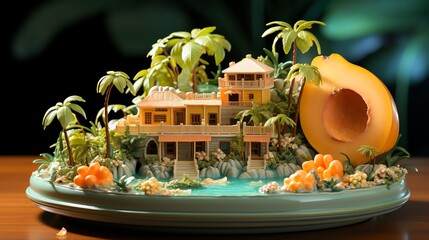 Surreal, dreamlike image of a sliced open papaya with a small tropical island scene inside, including a mini palm tree and beach, suitable for creative travel and food hybrid promotions - obrazy, fototapety, plakaty