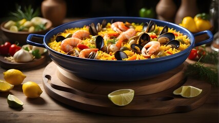 A photorealistic depiction of a traditional Spanish paella dish served in Seville. The dish should include a vibrant mix of seafood, rice, vegetables, and saffron-infused broth, presented in an authen