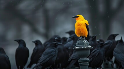 An isolated yellow crow perched on a street lamp amidst a group of black crows in a cityscape, symbolizing the concept of standing out and leading with its radiant plumage