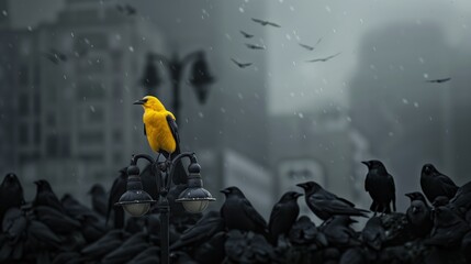 An isolated yellow crow perched on a street lamp amidst a group of black crows in a cityscape, symbolizing the concept of standing out and leading with its radiant plumage - obrazy, fototapety, plakaty