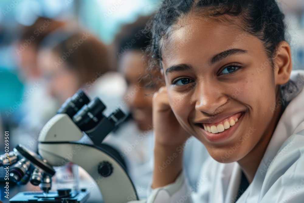 Poster A young female student is smiling while working with a microscope in a laboratory educational setting