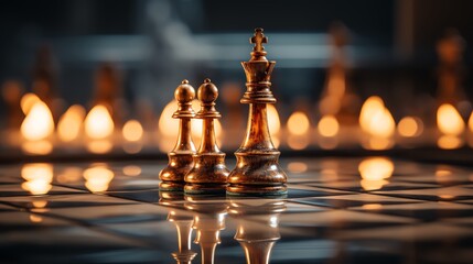 Minimalist design featuring a chessboard with a king piece lit under a spotlight, representing strategic thinking in startup environments, suitable for business strategy workshops