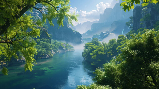 A serene river winding its way through a verdant valley, framed by towering trees and rugged mountains, offering a peaceful escape into the heart of nature. 8k, --ar 169 - Image #3 @Imran