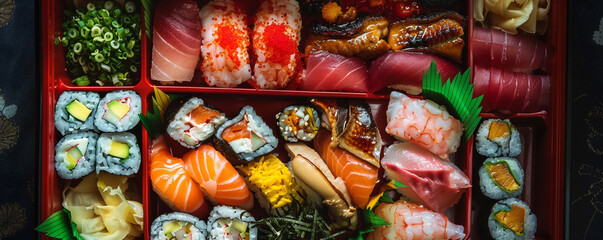 bento box filled with an assortment of fresh and flavorful Japanese dishes including sushi sashimi tempura and pickled vegetables.