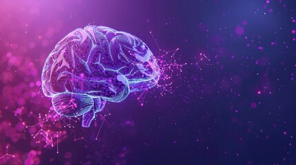 A digital illustration of a glowing human brain with neural connections on a purple background