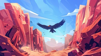 Fototapeta premium Raven with black wings and orange beak flies in canyon with red mountains. Modern cartoon landscape with stone cliffs and rocks.