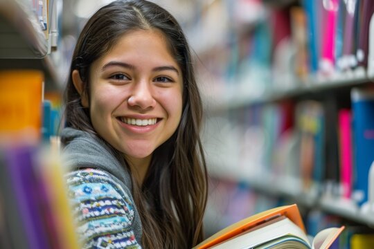 A smiling teenage girl selecting books in a library exudes warmth and eagerness to learn