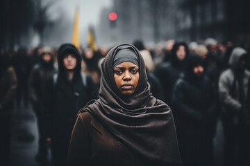 Muslim woman participates in a protest on the street