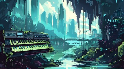 AI generated illustration of a futuristic city skyline with a modern synthesizer instrument - obrazy, fototapety, plakaty