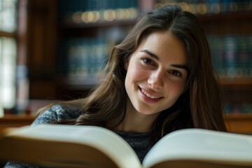A casual young woman enjoys reading a book in a library with a collection of classic tomes