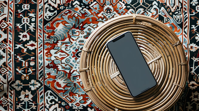Mobile phone with blank screen on ornamental wooden table and carpet. Flat lay, top view template with copy space