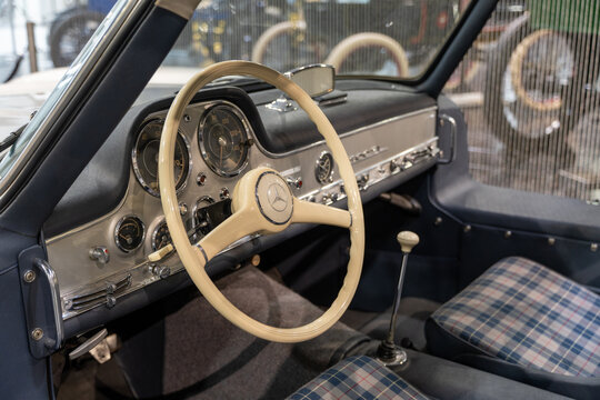 Interior of Mercedes-Benz 300SL Coupe with gull wing doors produced in 1955.