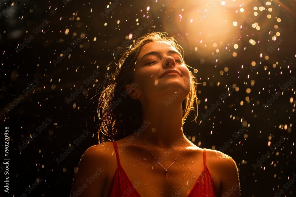 Poster an image capturing a standing lady, backlit by a glowing backdrop as if amidst a golden shower of ra