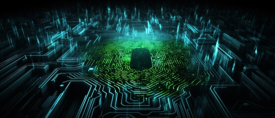 A circuit board with a glowing green cpu. - obrazy, fototapety, plakaty