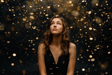 An evocative image of a woman looking skyward as golden confetti falls around her, casting a dreamlike atmosphere