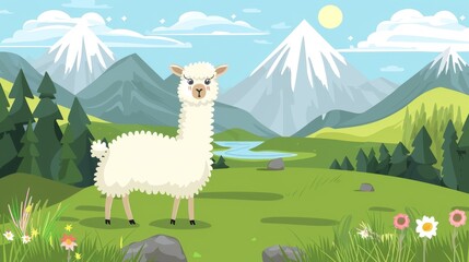Fototapeta premium A modern landing page with a cartoon illustration of cute alpacas in green meadows. A template for a website with a highland landscape with a cute guanaco.