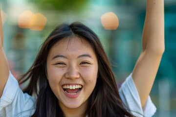 A vibrant young woman with her hands up celebrates a joyful moment, her face showing excitement and happiness - obrazy, fototapety, plakaty