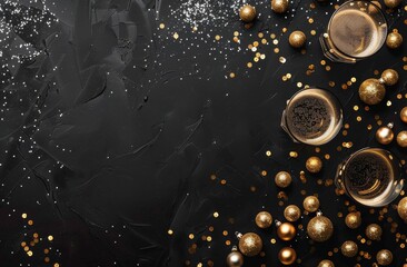 Black Table With Gold Ornaments and Confetti
