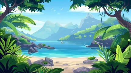 A tropical summer landscape with green trees, grasses, lianas, and rocks with jungle, mountains, and sea as horizon. Modern parallax background for 2D animation.