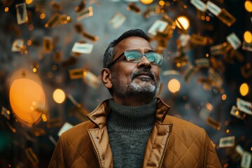 A photo featuring a man in stylish autumn wear looking at a flurry of cash bills flying around him against a bokeh background